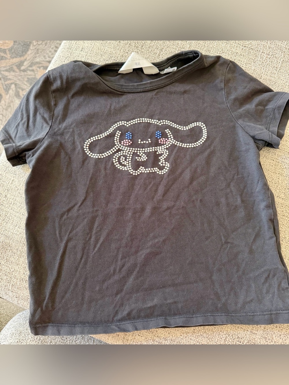 H&M Black Short-Sleeve Tee with Rhinestone Cartoon Face